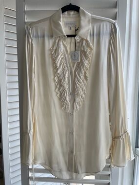 Divine Heritage Cream Ruffle Front Silk Blouse
